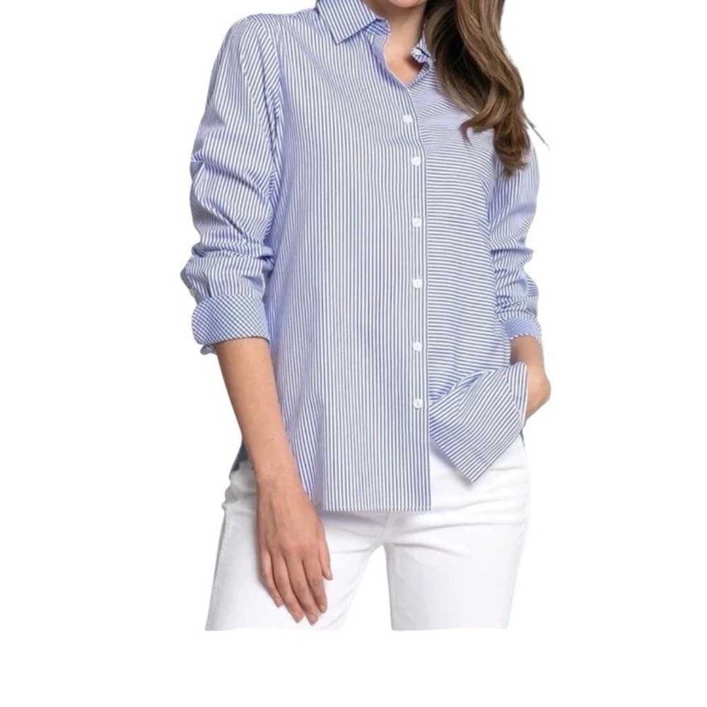 HINSON WU Margot Mixed Striped/Checks Button Up Blouse Shirt Size 10 Blue White
